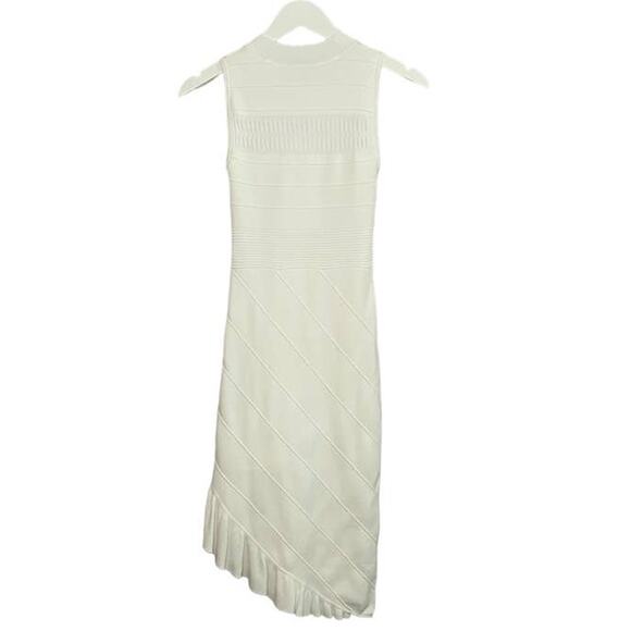 NWT Bebe White Bodycon Scalloped Neckline Mesh Ruffled Diagonal Bottom Dress XS - Picture 7 of 9